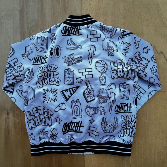 MITCHELL & NESS LAKERS GRAPHIC DOODLE SATIN BOMBER JACKET Women’s sz M White - Picture 9 of 13